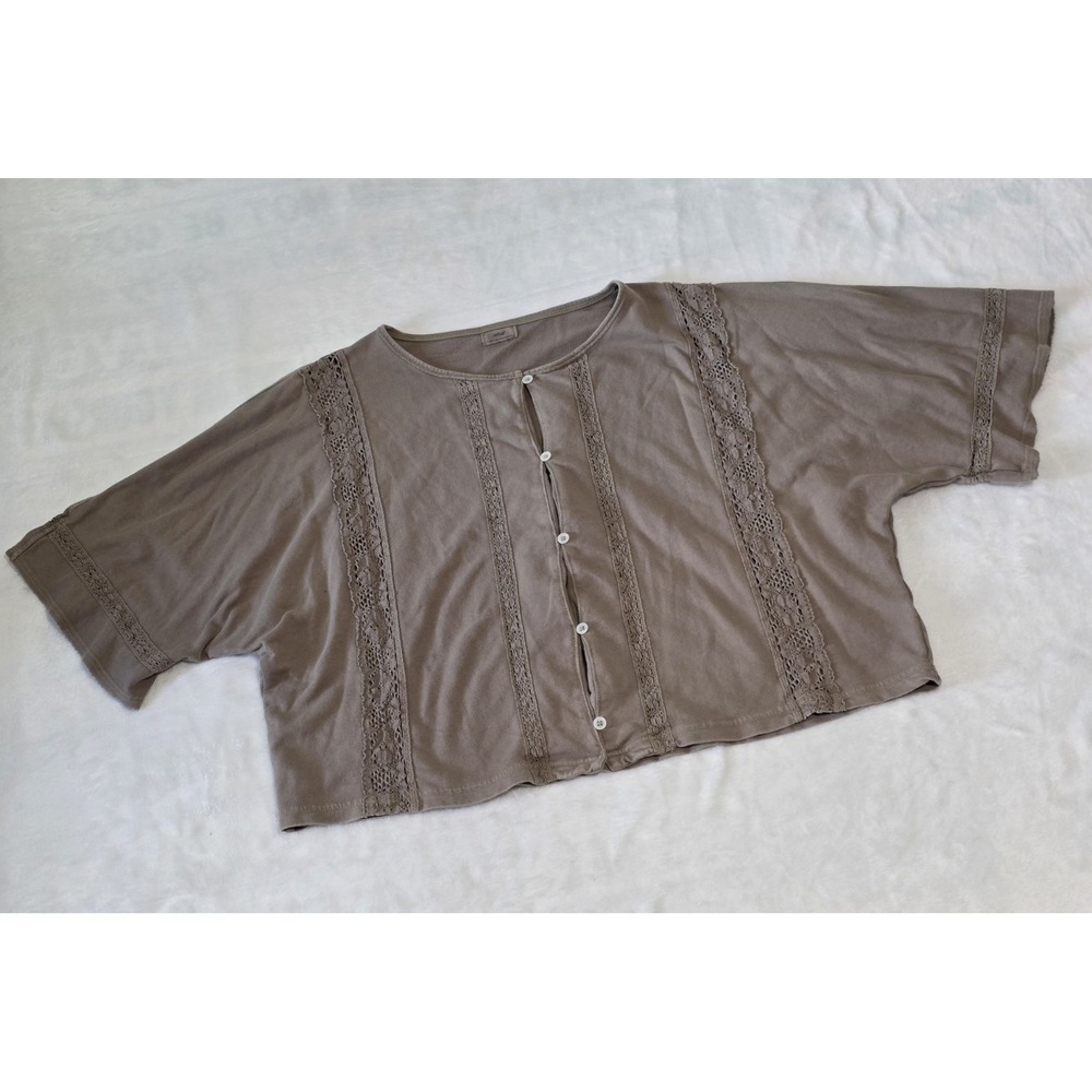 aerie Taupe Cropped Lace-Trim Button Front Top